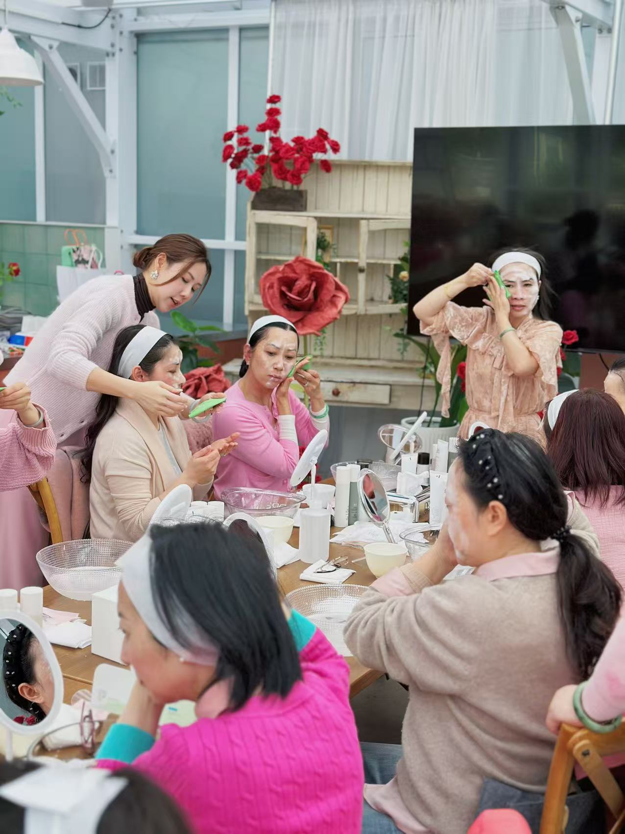 Facial party guests enjoying skincare rituals together